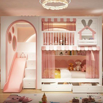 免運公司貨 樹屋床 兒童床 实木儿童床 女孩两层上下床 高护栏同宽小户型滑梯子母床 城堡树屋 可開發票 全館五折 工廠現貨直銷 新品特價 z11012