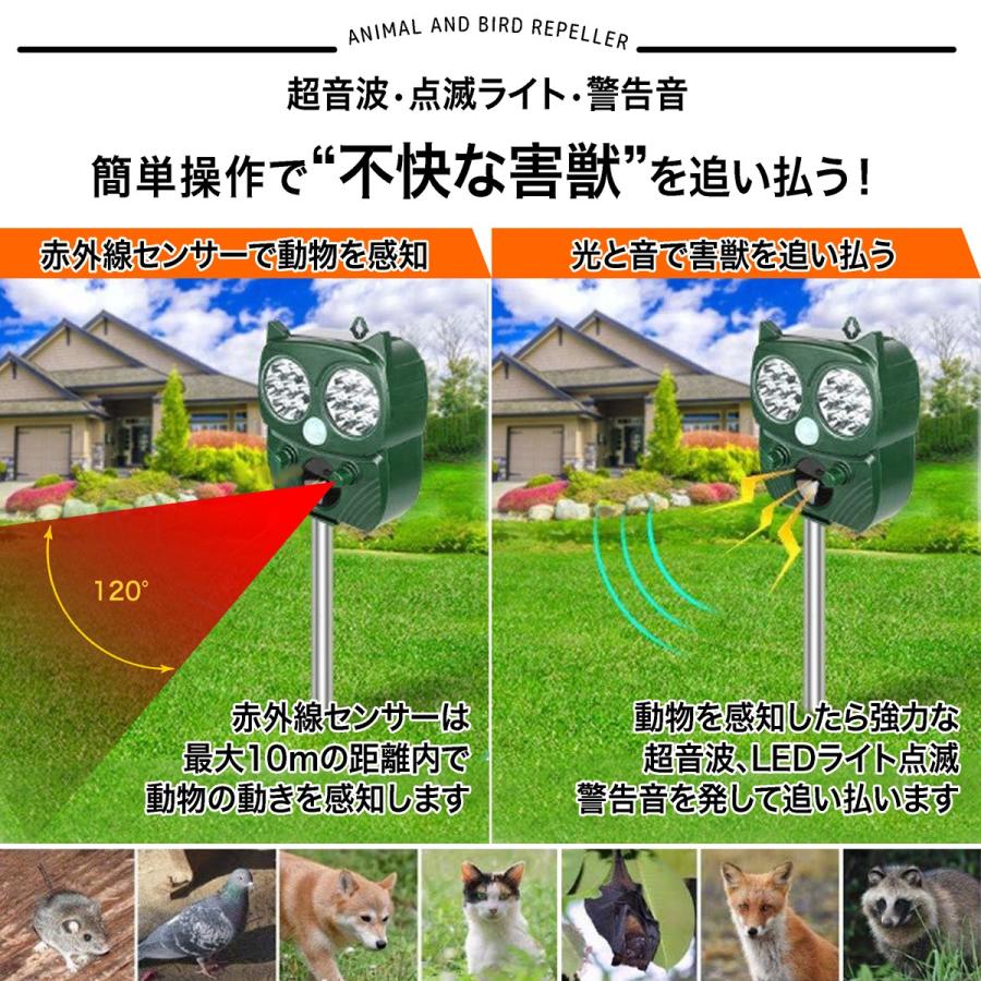 害獣センサー ソーラー 充電 送料無料 動物撃退器 害獣対策 超音波 害獣駆除 害獣撃退器 害獣対策グッズ 赤外線ライト センサー 点滅ライト 防水 U-061