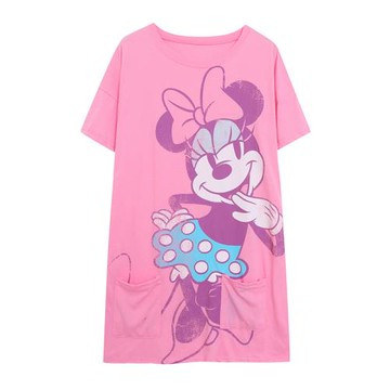 外貿卡通動漫印花做舊甜美可愛中長款家居服有口袋短袖長T恤裙子