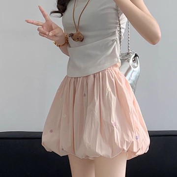 粉色短褲女 甜美花苞褲 夏季短褲 高腰半身短褲 小個子短褲 蓬蓬可愛短褲 印花短褲 短褲女