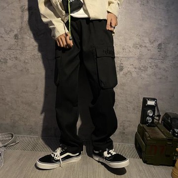 弗瑞格 日系港仔韓版刺繡大口袋水桶直筒褲工裝街舞休閑運動褲男