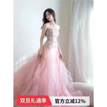 甜美爛漫 粉色新娘結婚敬酒服生日宴會演出主持人婚紗禮服19661