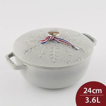 Staub 水滴型雪花浮雕媽咪鍋 24cm 3.6L 松露白 法國製 湯鍋 燉鍋 (電磁爐 IH爐可用)