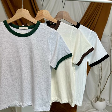 【正韓】短版純棉上衣撞色滾邊 (黑、咖啡、綠)