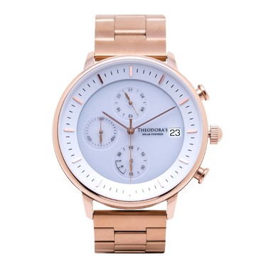 Mercury 太陽能三眼可拆節實心鋼鍊帶腕錶 三眼白-鍊帶玫金