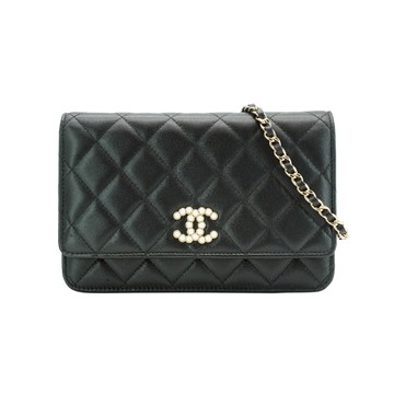 Chanel 展示品 羊皮淡金珍珠釦斜背包Woc(AP3807-黑)