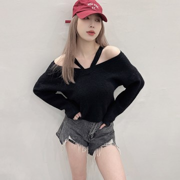 V領V帶針織毛衣-黑【KT224665】