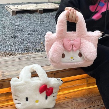 手拎包🎀 三麗鷗毛絨斜挎包美樂蒂學生外出便攜卡通化妝包拉鏈可愛手拎包