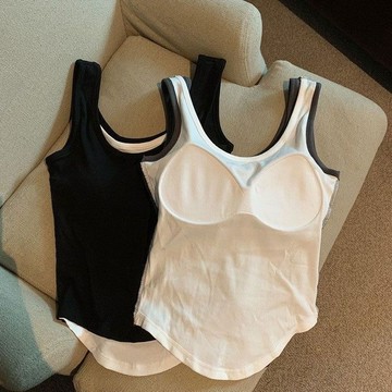 一體胸墊背心 莫代爾假二件固定帶胸墊 吊帶背心女外穿 新款修身拚接無袖上衣 背心 打底內搭