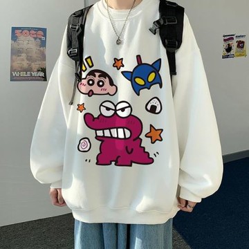 蠟筆小新寬松加絨衛衣無帽女春秋季圓領情侶美式oversize外套潮