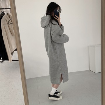 【太妮絲F124】現貨 韓系 連帽長版洋裝 小開叉 刷毛 帽T洋裝 INS 灰色 懶人最愛 連帽洋裝 冬天 保暖 出國穿