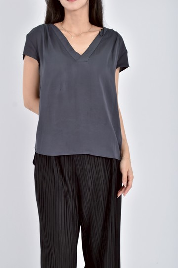 (M) h m質感素面深v灰色短袖上衣