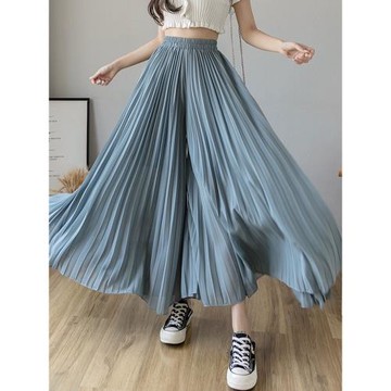 夏季女裝韓版新款高腰垂感九分大擺裙褲休閑寬松百褶雪紡闊腿褲裙
