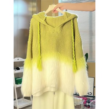 歐貨重磅早秋新款女裝2025高級感慵懶風撞色拼接連帽毛衣針織上衣