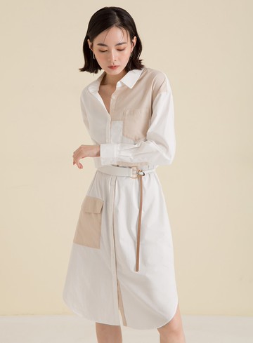 長版拼接襯衫洋裝