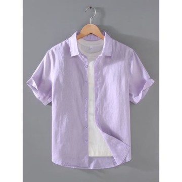 G195夏季新款日系亞麻男士青年休閑短袖襯衫小方領舒適透氣襯衣