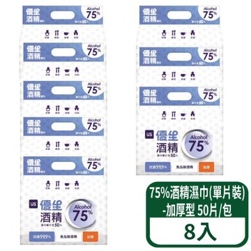 【優生】75%酒精濕巾(單片裝)-加厚型 50片/包 8包組