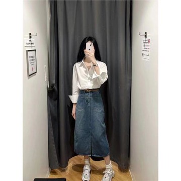 早秋鹽系穿搭法式桔梗高級感輕熟風御姐襯衫兩件套裝牛仔連衣裙子