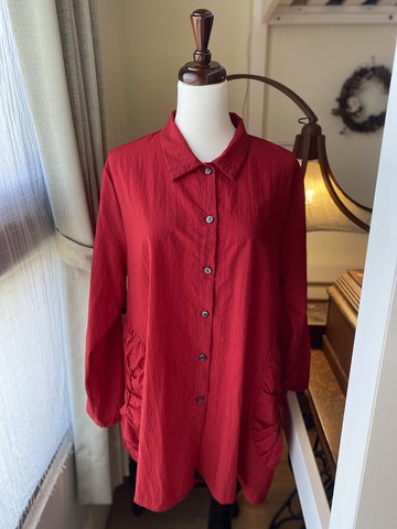 正紅特殊口袋兩穿古著上衣