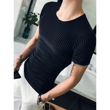 春夏新款修身男裝金絲絨條紋圓領T恤衫豹紋潮流短袖舞臺演出衣服