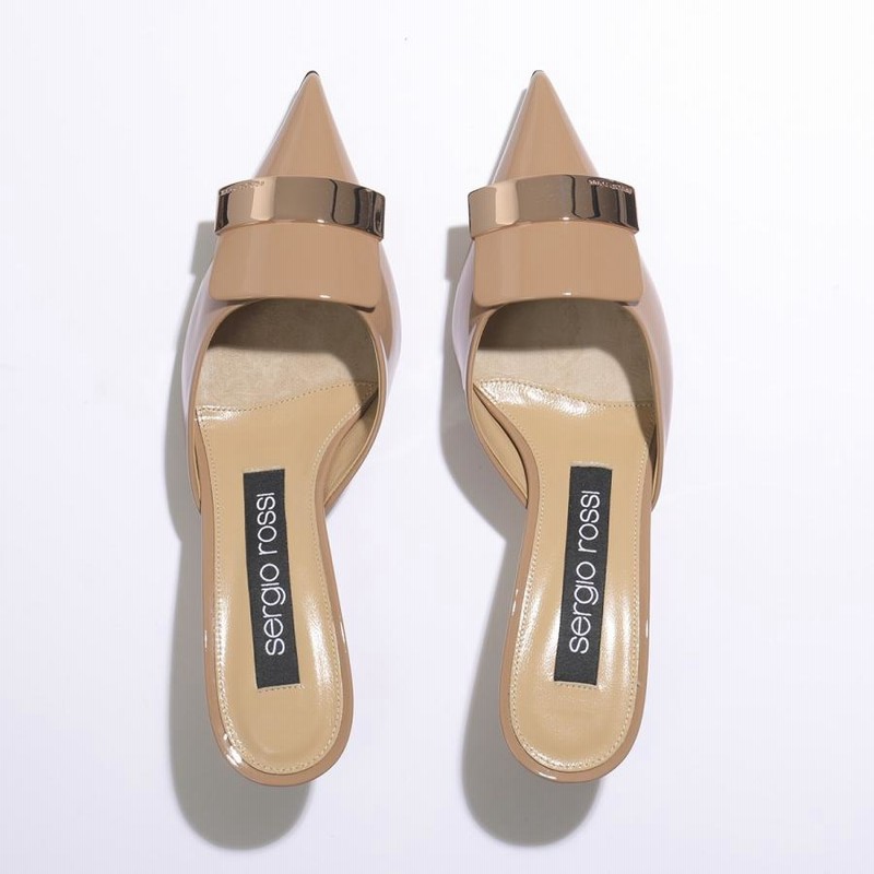 Sergio Rossi Leather Flap Mules Beige ref.700761 - Joli Closet