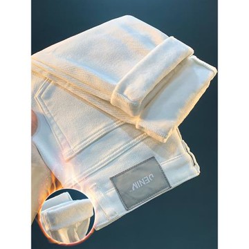 白色加絨加厚牛仔褲冬季小直筒休閑長褲基礎款簡約厚款保暖褲子男