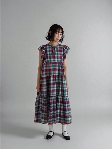 袖荷葉邊的卡迪格紋洋裝 red