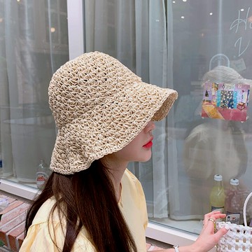 大檐遮臉大頭圍休閑漁夫帽女編織圓頂草編遮陽防曬夏騎車折疊草帽