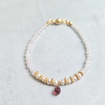 【日本製造】摩根石 × 淡水珍珠 × 柘榴石 手鍊 – 磁吸扣環 / 醫療級不鏽鋼