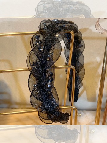 高級感黑色麻花辮網紗發箍水鉆高顱頂氣質發卡時尚百搭輕奢女頭箍