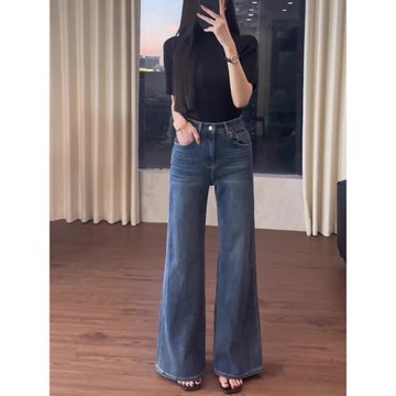 春季深藍色高腰闊腿牛仔褲女春秋2025新款寬松褲子梨形身材直筒褲