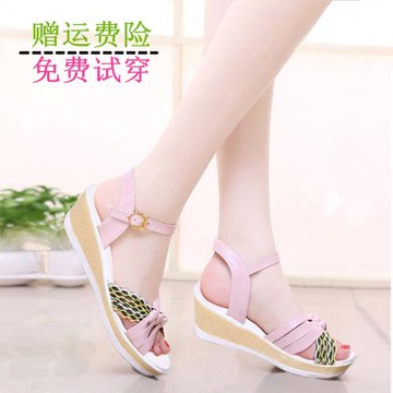 2023春夏季新款 夏日小清新牛仔細帶麻底坡跟防水臺女鞋草編涼鞋