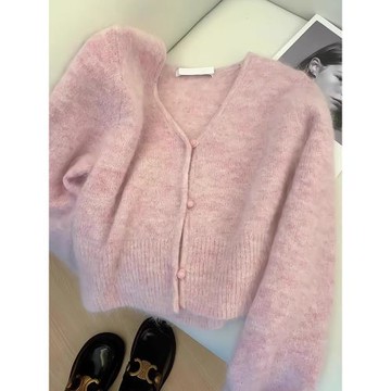 粉色浣熊絨v領針織開衫女秋冬慵懶風短款軟糯奶fufu羊絨毛衣外套