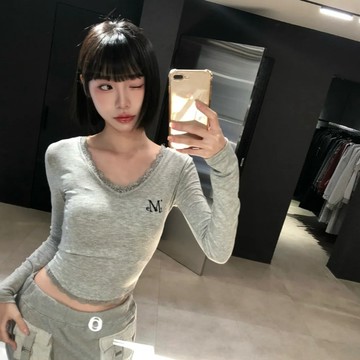 【FJstore】韓國 MUCENT SUNNIOR LACE V-NECK 蕾絲設計 V領 薄長袖 女生上衣