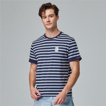 moz瑞典 駝鹿 愛心駝鹿 舒適柔棉 100%純棉條紋短T-袖口反摺刺繡-藏青條紋(亞洲版)男款