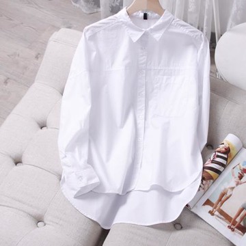 2024春夏新款時尚休閑純棉白襯衫女百搭顯瘦前短后長打底白襯衣潮