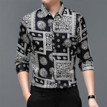【米蘭精品】襯衫長/短袖上衣-夏季休閒印花港風男裝2款74eq18