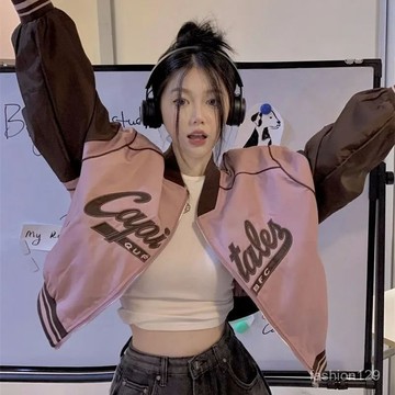 🎈流行女裝🎈美式辣妹棒球服女 秋季新款 字母撞色拉鏈寬鬆複古長袖 夾剋外套 夾克 休閒外套 寬鬆外套 飛行外套 風衣外套