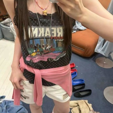 ✨臺灣出貨✨韓漂亮 韓國定製新款蕾絲碎花吊帶背心女夏季卡通印花波點上衣t
