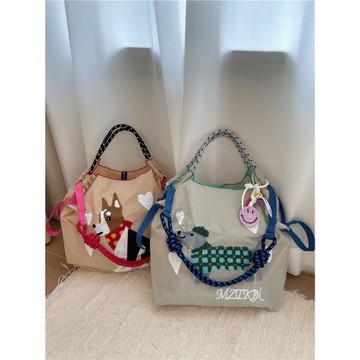 日系可愛柯基狗狗刺繡環保布袋女大容量手提包尼龍單肩包斜挎包