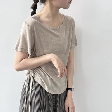 鹿西 韓系抽繩收腰短袖T恤女26夏季新款百搭修身落肩袖上衣21042