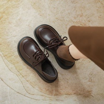 真皮厚底小皮鞋女2025新款系帶英倫風單鞋系帶百搭超火棕色樂福鞋