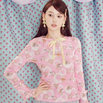 可愛小熊 幾何印花 喇叭袖針織衫 粉色綠色入
