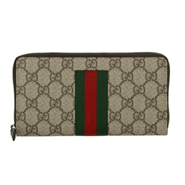 【GUCCI 古馳】779870經典GGLogo紅綠織帶拉鍊長夾(棕黑色)