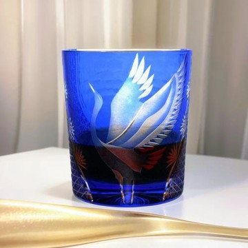 日式江戶切子水晶玻璃杯威士忌杯酒杯純手工雕刻松鶴延年祝壽送禮