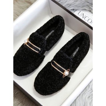 毛毛鞋女秋冬季2025新款外穿瓢鞋小碼33厚底豆豆鞋珍珠扣加絨棉鞋