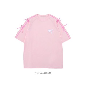 From Mars 期待驚喜 甜美潮牌蝴蝶結織帶圓領T恤寬松百搭休閑短袖