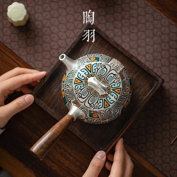 銀茶具999 純銀日式側把茶壺公道杯功夫茶具套組鎏銀養生防燙泡茶