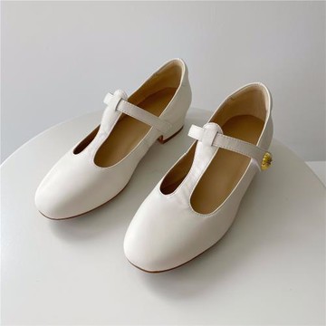 大瓶 巨軟羊皮~法式復古圓頭中跟粗跟瑪麗珍鞋真皮T型帶單鞋女秋