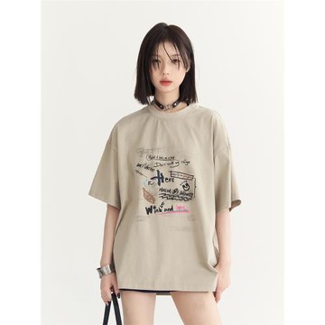 萬有引力博物館涂鴉印花短袖T恤女夏季2024新款寬松純棉半袖上衣K